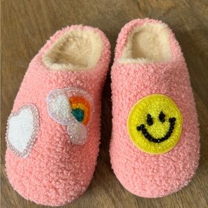 Pink Fuzzy Slip-On Slippers with Embroidered Patches